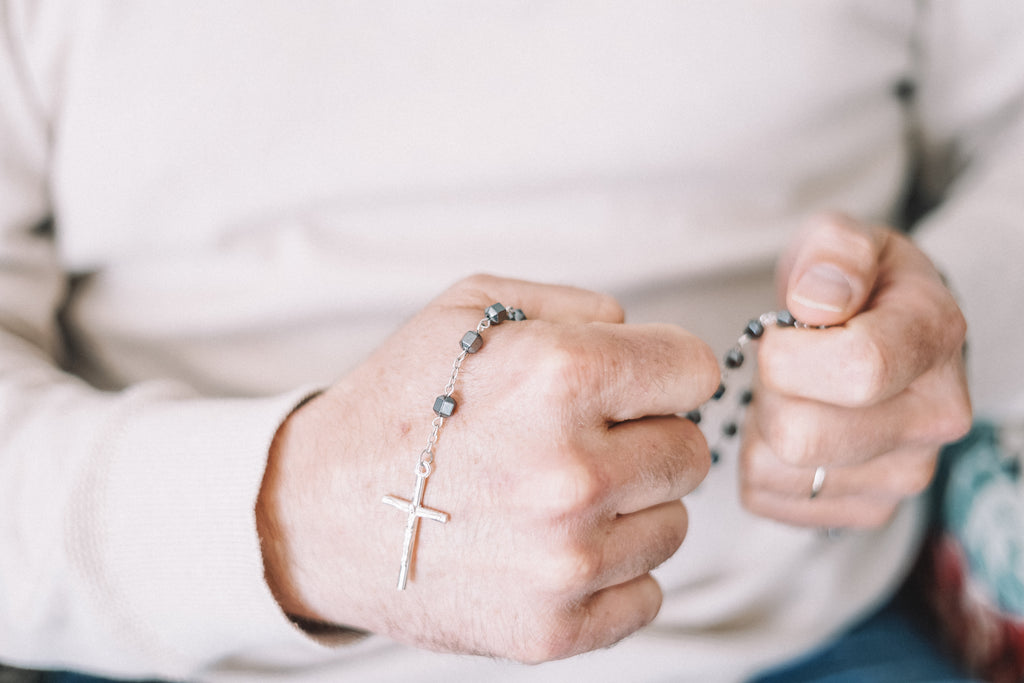 Chapelet Hématite - chaine argent et  Christ