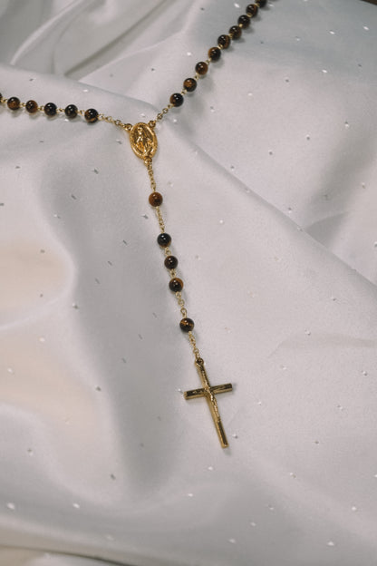 Chapelet en Oeil de Tigre - Chaine doré et croix avec Christ